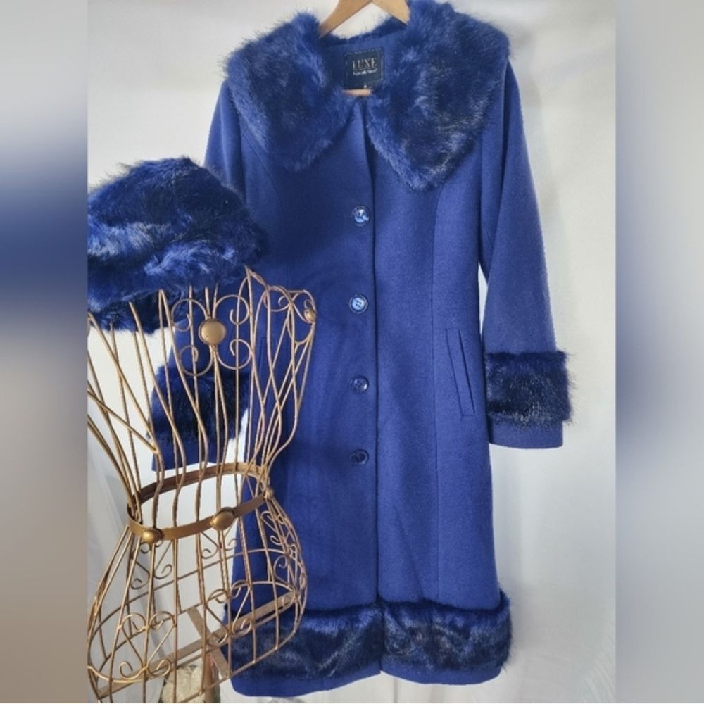 Vintage Stunning Lavendar Blue Coat with Faux Fur Matching Pillbox Hat Mob Wife
